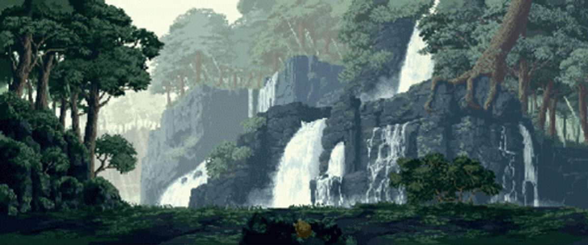 Aesthetic Background Pixel Forest With Waterfalls GIF
