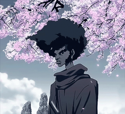 Young Afro Samurai Under Cherry Blossom GIF