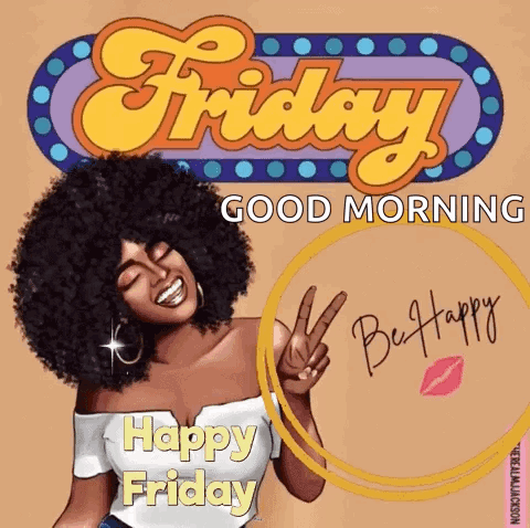 Afro Woman Smiling Peace Sign Friday Good Morning
