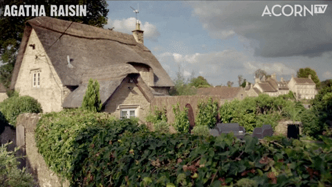Agatha Raisin Stalking Behind Fence GIF