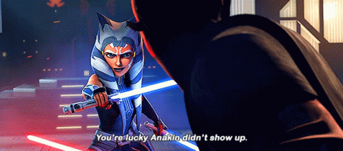 Ahsoka Tano Holding Lightsaber Talking to Darth Maul