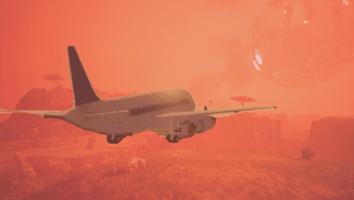 Airplane Flying Over Desert With Red Sky GIF