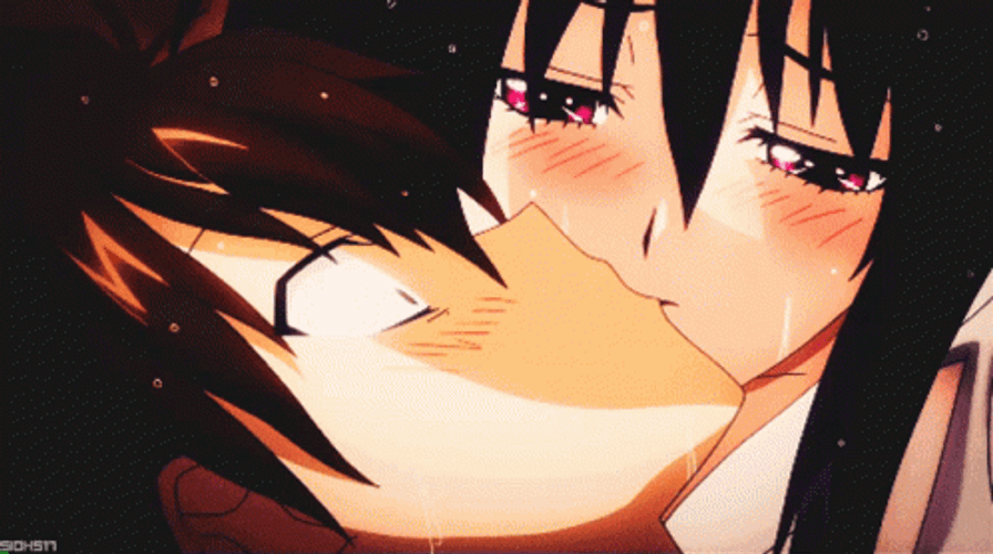 Akeno Himejima Kissing Issei Tongue Out Saliva GIF