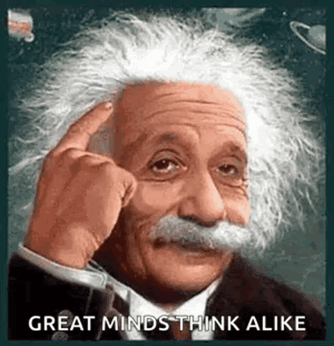 Albert Einstein Finger On Forehead Great Minds Think Alike GIF