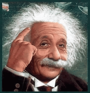 Albert Einstein in Suit and Tie Pointing to Head