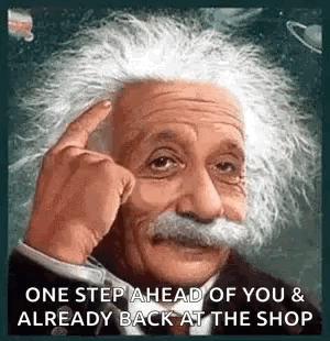 Albert Einstein with Mustache Pointing at Head