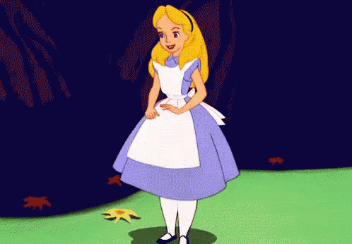 Alice From Alice In Wonderland Is Standing In A Field With Leaves On The Ground . GIF
