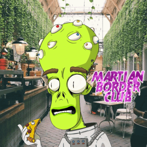 Alien Holding Pizza With Martian Border Club