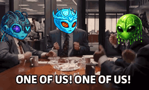 Aliens Sitting Around Table Saying One Of Us GIF