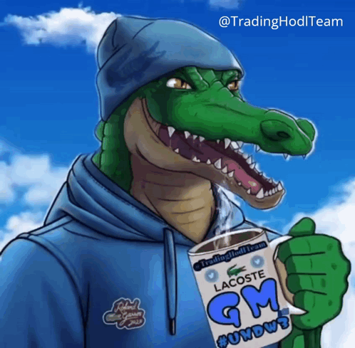 Alligator Holding Cup of Lacoste GM Sundays Coffee