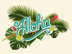 Aloha Word with Tropical Leaves and Flowers