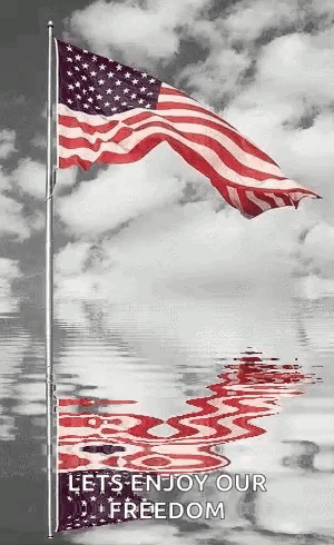 American Flag Waving Against Cloudy Sky Reflected In Water GIF