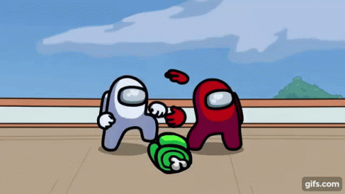 Among Us Character Red And Silver Celebrating Green Dead GIF