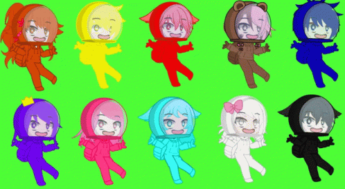among us characters in different colors on a green screen background