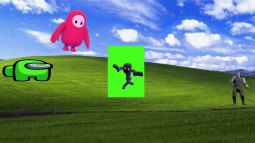 Among Us Fall Guys And A Green Screen Are On A Grassy Hillside GIF