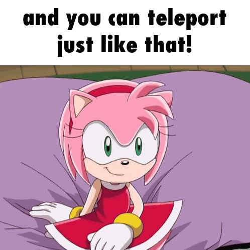 amy rose from sonic the hedgehog sits on a purple pillow with the caption and you can teleport just like that