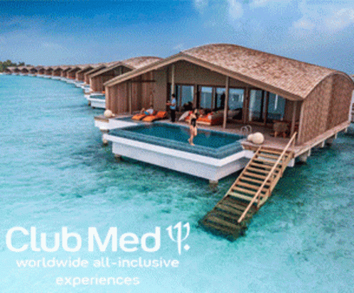 An Ad For Club Med Worldwide All-Inclusive Experiences Shows A Woman Swimming In A Pool GIF