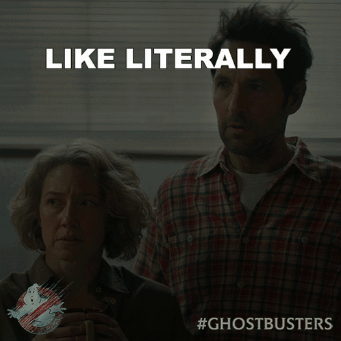 An Ad For Ghostbusters Shows A Man And A Woman Looking At Something GIF