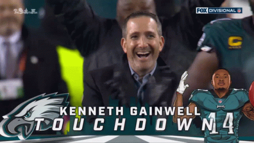 An Ad For Kenneth Gainwell Touchdown 14 With An Eagles Logo GIF