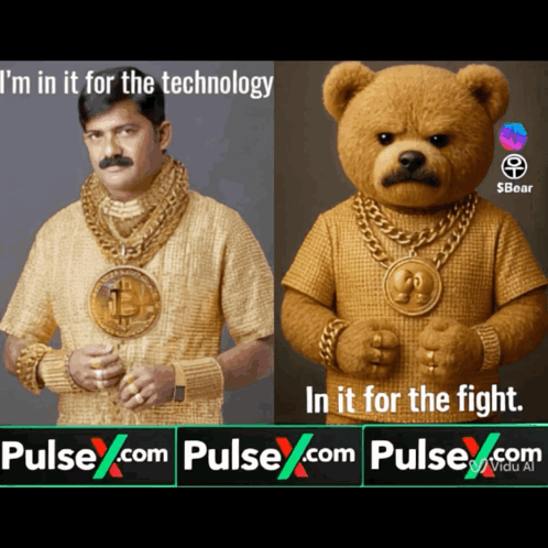 An Ad For Pulse.com Shows A Man And A Teddy Bear In Gold Outfits GIF