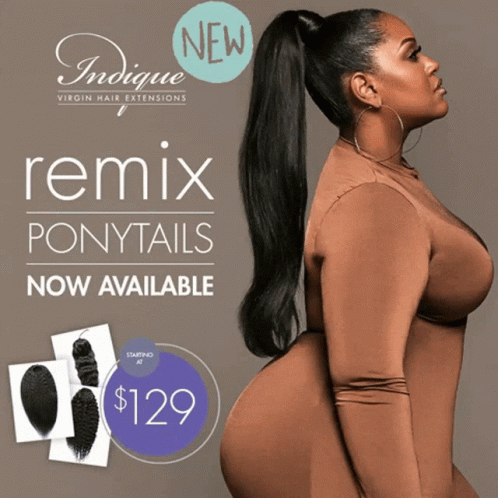 An Ad For Remix Ponytails Shows A Woman Wearing A Ponytail GIF