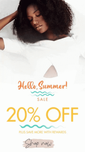 An Advertisement For A 20 % Off Sale With A Picture Of A Woman GIF