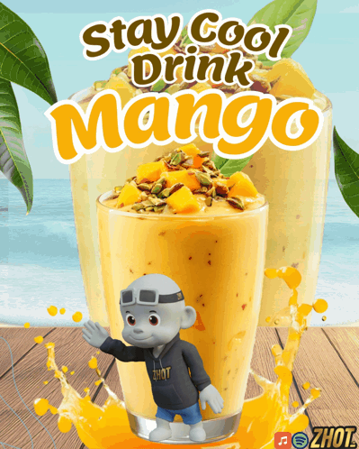 An Advertisement For A Mango Drink With A Cartoon Character In Front Of It GIF