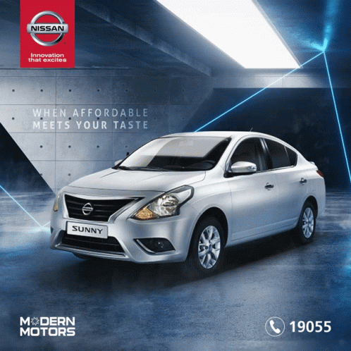 An Advertisement For A Nissan Sunny Says That It Is Affordable And Meets Your Taste GIF