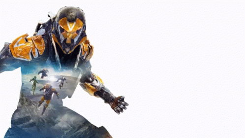 An Advertisement For A Video Game Called Anthem Shows A Man In An Orange And Black Suit GIF