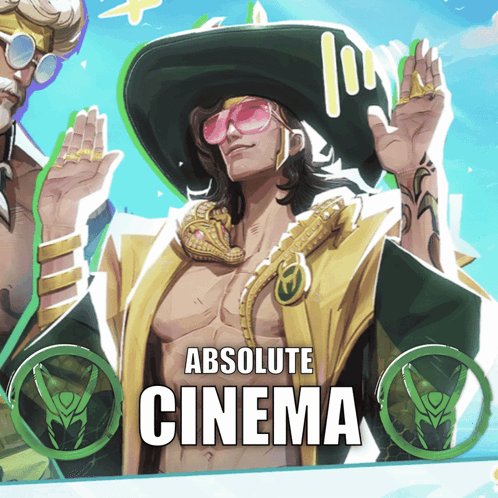 An Advertisement For Absolute Cinema Shows A Man In A Hat And Sunglasses GIF