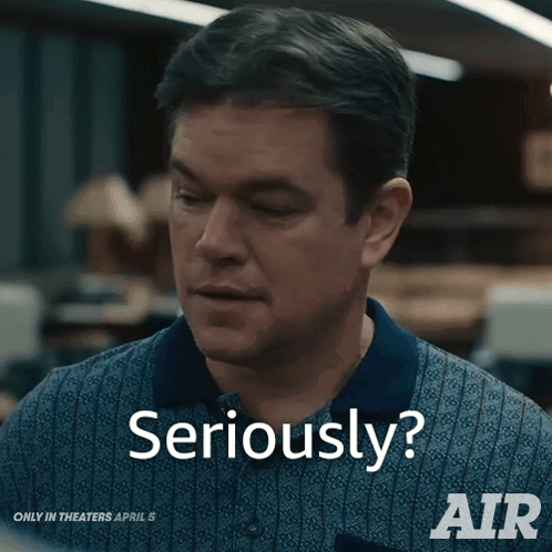 An Advertisement For Air Shows A Man In A Blue Shirt Asking Seriously GIF