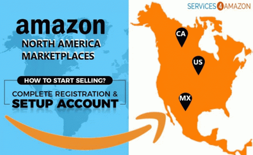 An Advertisement For Amazon North America Marketplaces Showing How To Start Selling GIF
