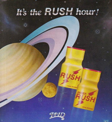 An Advertisement For Amber Rush Shows A Planet And Two Bottles GIF