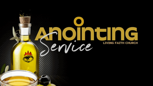 An Advertisement For Anointing Service Shows A Bottle Of Olive Oil And Olives GIF