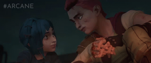 An Advertisement For Arcane Shows A Man And Woman Holding Hands GIF