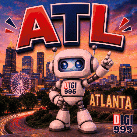 An Advertisement For Atl With A Robot In Front Of A City Skyline GIF