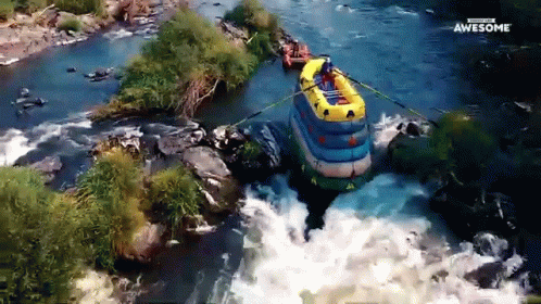 An Advertisement For Awesome Shows A Man In A Raft On A River GIF
