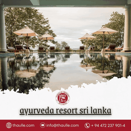 An Advertisement For Ayurveda Resort Sri Lanka Shows A Swimming Pool Surrounded By Chairs And Umbrellas GIF