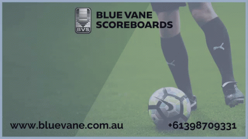 An Advertisement For Blue Vane Scoreboards Shows A Soccer Player Kicking The Ball GIF