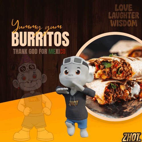 An Advertisement For Burritos With A Monkey And A Picture Of Burritos GIF