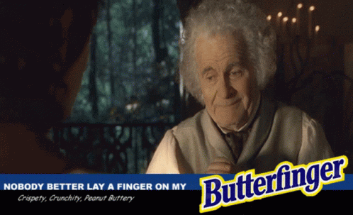 an advertisement for butterfinger shows an elderly man