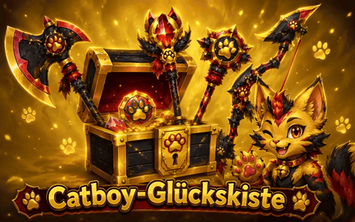 An Advertisement For Catboy-Glückskiste Shows A Cat Holding A Sword GIF
