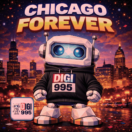 An Advertisement For Chicago Forever With A Robot Wearing A Digi 995 Sweatshirt GIF