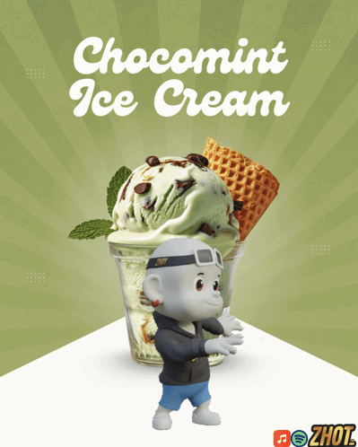An Advertisement For Chocomint Ice Cream With A Monkey Standing Next To It GIF