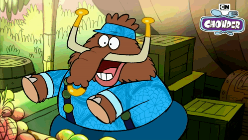 An Advertisement For Chowder Shows A Cartoon Of A Mammoth GIF
