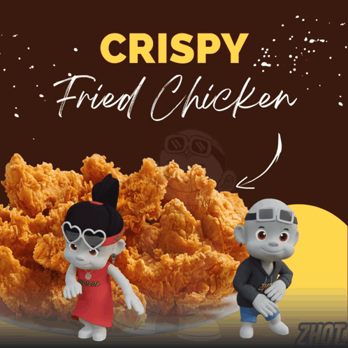 An Advertisement For Crispy Fried Chicken With Two Cartoon Characters In Front Of It GIF