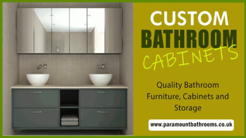 An Advertisement For Custom Bathroom Cabinets With A Picture Of A Bathroom GIF