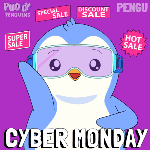 an advertisement for cyber monday with a penguin on it