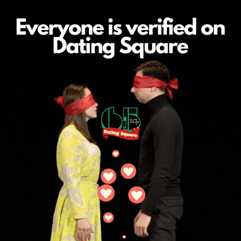 An Advertisement For Dating Square Shows A Man And Woman With Blindfolds On GIF