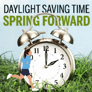 An Advertisement For Daylight Saving Time Spring Forward With A Woman Running In Front Of An Alarm Clock GIF